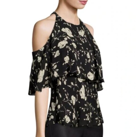 Polo Ralph Lauren Silk Georgette Top Cold-Shoulder Womens 10 Black Floral Ruffle - Picture 9 of 9